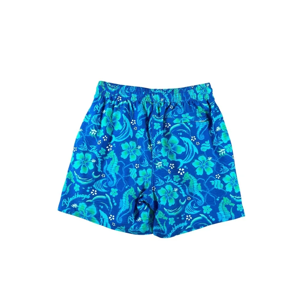 Blackbough Swim Mens Blue Green Tropical Hibiscus Seahorse Mesh Swim Trunks S